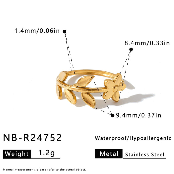 Women's Stainless Steel Vintage Flower Ring With Adjustable Open Band Simple Stylish Vacuum Plated Statement Jewelry