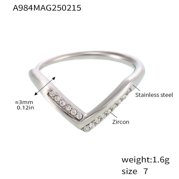 Women's 316L Stainless Steel Vshaped Light Luxury Geometric Ring With Diamond And 5A Zircon Electroplated