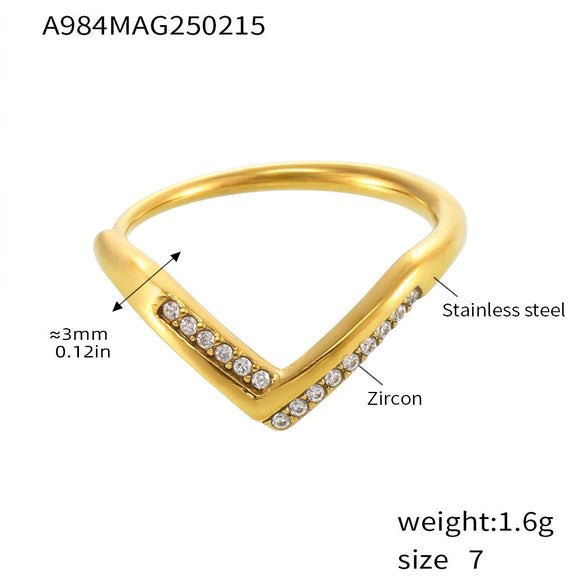 Women's 316L Stainless Steel Vshaped Light Luxury Geometric Ring With Diamond And 5A Zircon Electroplated