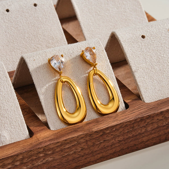 Women's Stainless Steel Water Drop Earrings With Zircon Inlay And 18K Vacuum Plating Simple Geometric Style