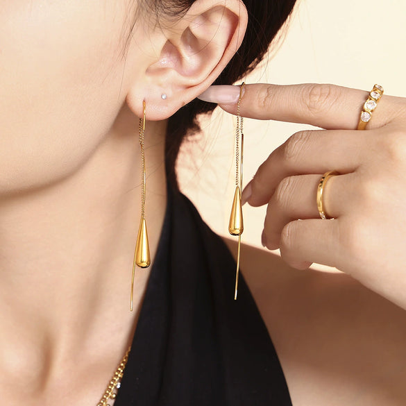 Women's Stainless Steel Water Drop Tassel Earrings Light Luxury Niche Design Geometric Style Electroplated