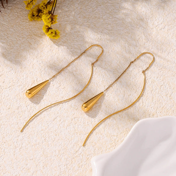 Women's Stainless Steel Water Drop Tassel Earrings Light Luxury Niche Design Geometric Style Electroplated