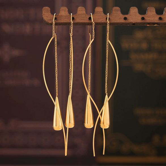 Women's Stainless Steel Water Drop Tassel Earrings Light Luxury Niche Design Geometric Style Electroplated