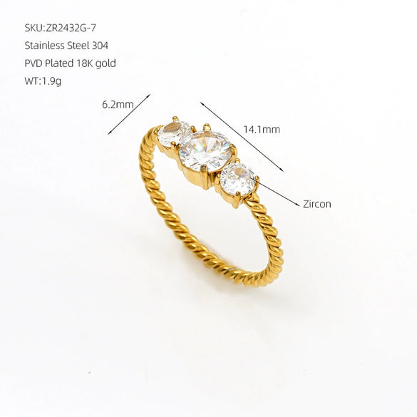 Women's Stainless Steel White Zircon Ring With Geometric Spiral Design And Electroplated Finish Fashion Jewelry Accessory