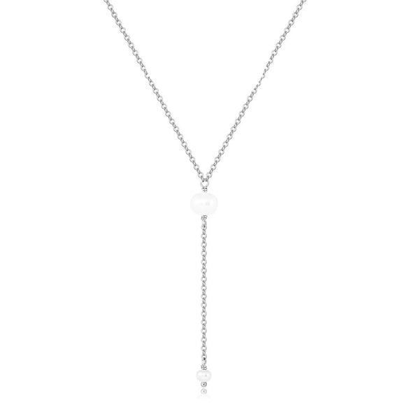 Women's Stainless Steel Y Shape Tassel Pearl Necklace Simple Geometric Double Pearl Clavicle Chain With Electroplated Finish