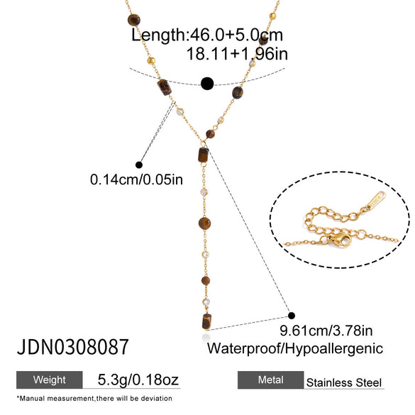 Women's Stainless Steel Yshaped Necklace With Geometric Cross Pendant And Tiger Eye Stone Pvd Vacuum Gold Plated Chain