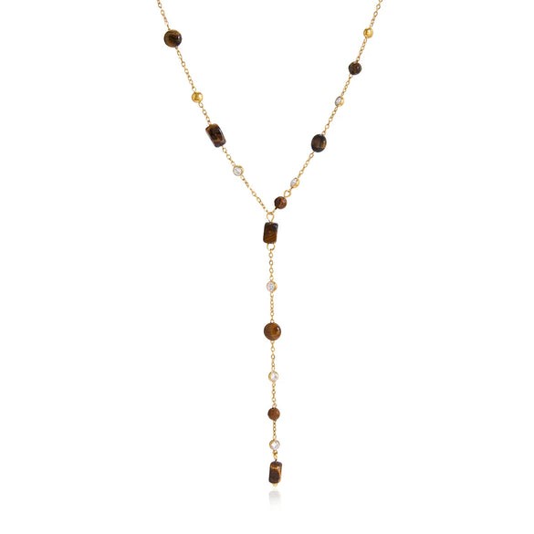 Women's Stainless Steel Yshaped Necklace With Geometric Cross Pendant And Tiger Eye Stone Pvd Vacuum Gold Plated Chain