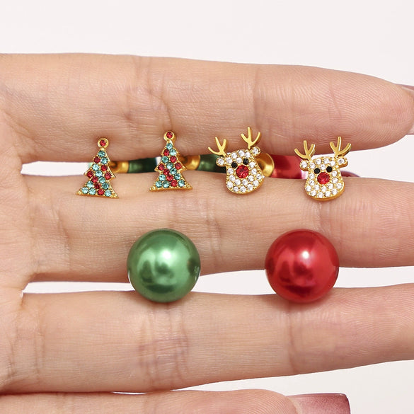 Women's 316L Stainless Steel Zircon Beads Animals Geometric Christmas Tree Elk Earrings Electroplated