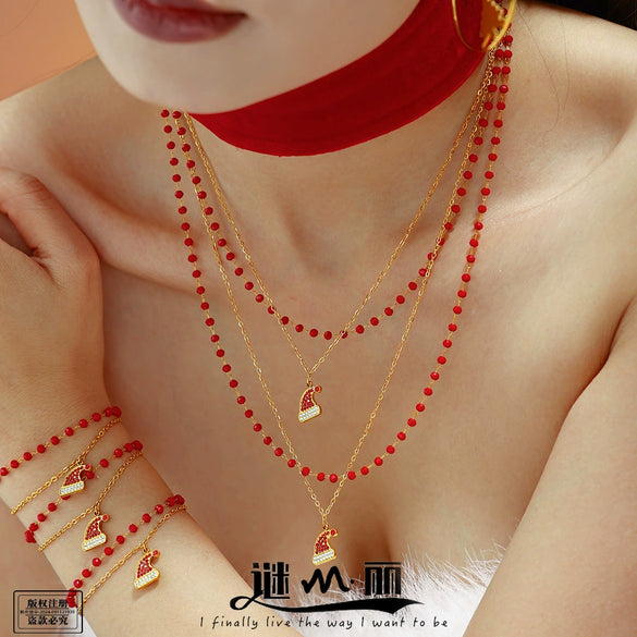 Women's Stainless Steel Zircon Christmas Hat Pendant Double Layer Necklace And Bracelet Set With Electroplated Finish