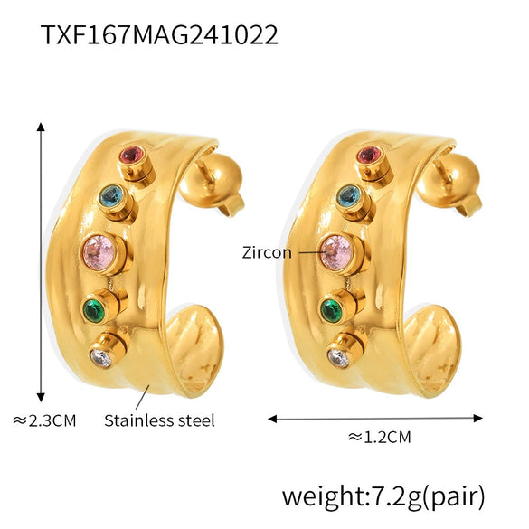 Women's 316L Stainless Steel Zircon Cshaped Earrings Plated 18K True Gold Color Preservation Fashion Geometric Jewelry
