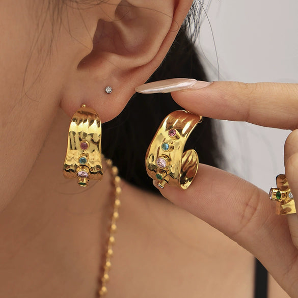 Women's 316L Stainless Steel Zircon Cshaped Earrings Plated 18K True Gold Color Preservation Fashion Geometric Jewelry