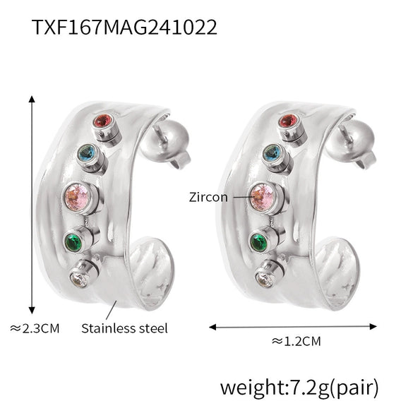 Women's 316L Stainless Steel Zircon Cshaped Earrings Plated 18K True Gold Color Preservation Fashion Geometric Jewelry