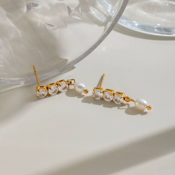 Women's Stainless Steel Zircon Geometric Drop Earrings With Goldplated Pearl Pendants Minimalist Luxury Jewelry