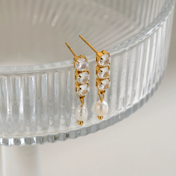 Women's Stainless Steel Zircon Geometric Drop Earrings With Goldplated Pearl Pendants Minimalist Luxury Jewelry