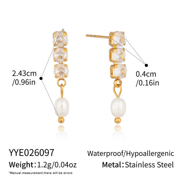 Women's Stainless Steel Zircon Geometric Drop Earrings With Goldplated Pearl Pendants Minimalist Luxury Jewelry