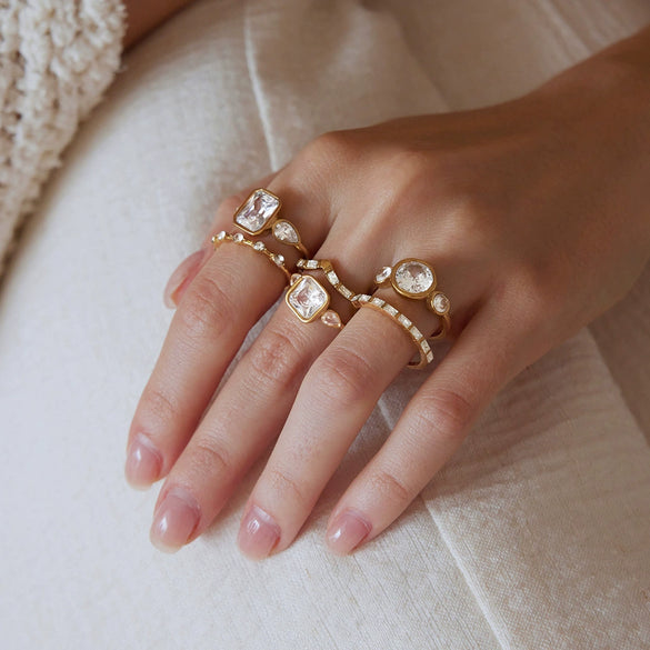 Women's Stainless Steel Zircon Geometric Ring With Vacuum Pvd Gold Plating Hypoallergenic Jewelry