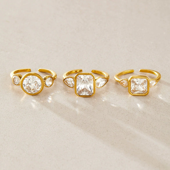 Women's Stainless Steel Zircon Geometric Ring With Vacuum Pvd Gold Plating Hypoallergenic Jewelry