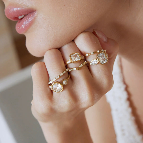 Women's Stainless Steel Zircon Geometric Ring With Vacuum Pvd Gold Plating Hypoallergenic Jewelry