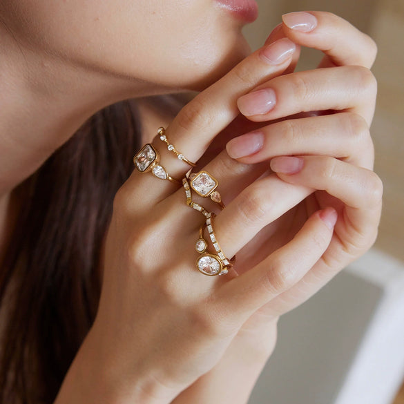 Women's Stainless Steel Zircon Geometric Ring With Vacuum Pvd Gold Plating Hypoallergenic Jewelry