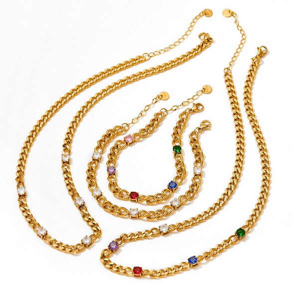 Women's Stainless Steel Zircon Necklace And Bracelet Set With Vacuum Plating Star Sun Moon Clouds Universe Patterns Street Style And Cuban Chain