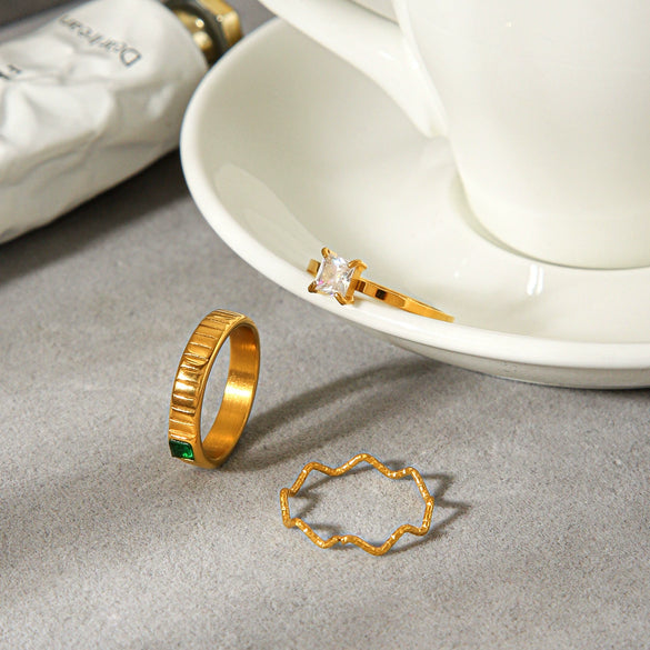 Women's Stainless Steel Zircon Wave Ring With Geometric Shape Electroplated Gold Finish Fashion Jewelry