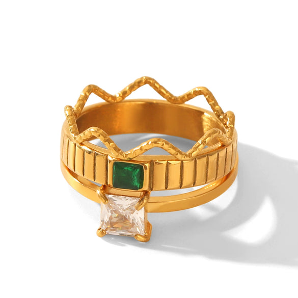 Women's Stainless Steel Zircon Wave Ring With Geometric Shape Electroplated Gold Finish Fashion Jewelry
