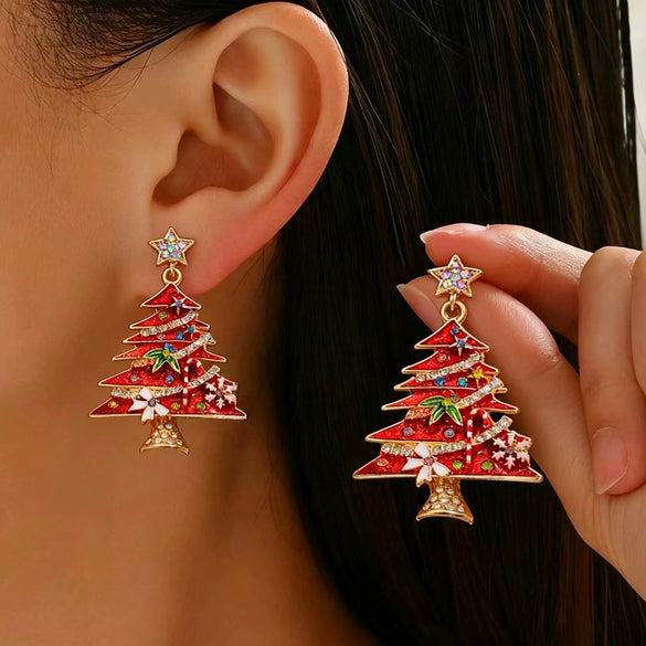 Women's Star And Christmas Tree Earrings Zinc Alloy Geometric Holiday Jewelry With Dripping Oil Finish Light Luxury Party Accessories
