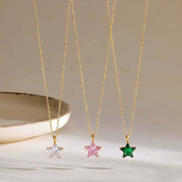 Women's Star Pendant Necklace Stainless Steel Geometric Collarbone Chain With Zirconia And Gold Tone Electroplated Finish