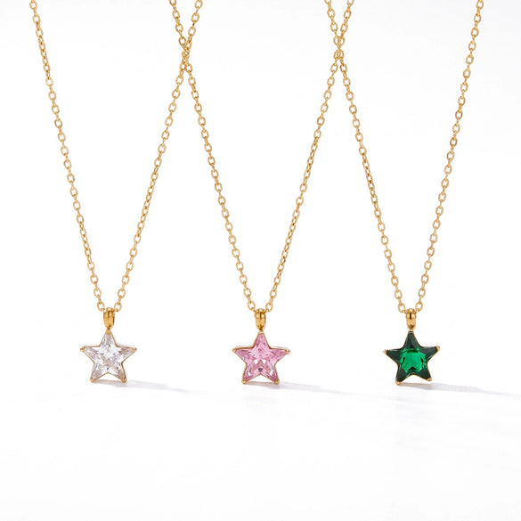 Women's Star Pendant Necklace Stainless Steel Geometric Collarbone Chain With Zirconia And Gold Tone Electroplated Finish