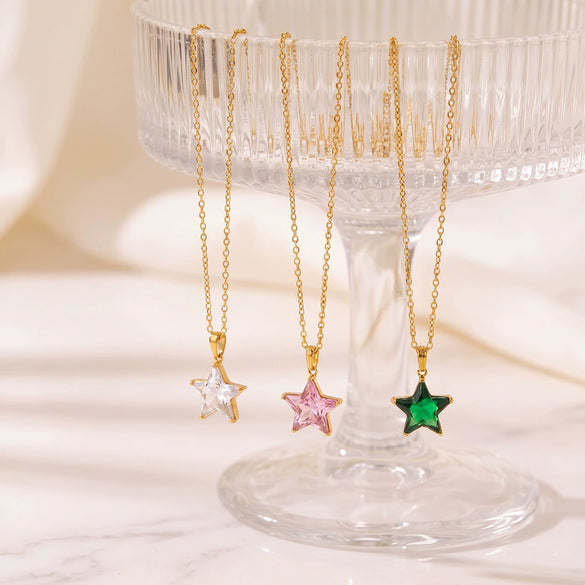Women's Star Pendant Necklace Stainless Steel Geometric Collarbone Chain With Zirconia And Gold Tone Electroplated Finish