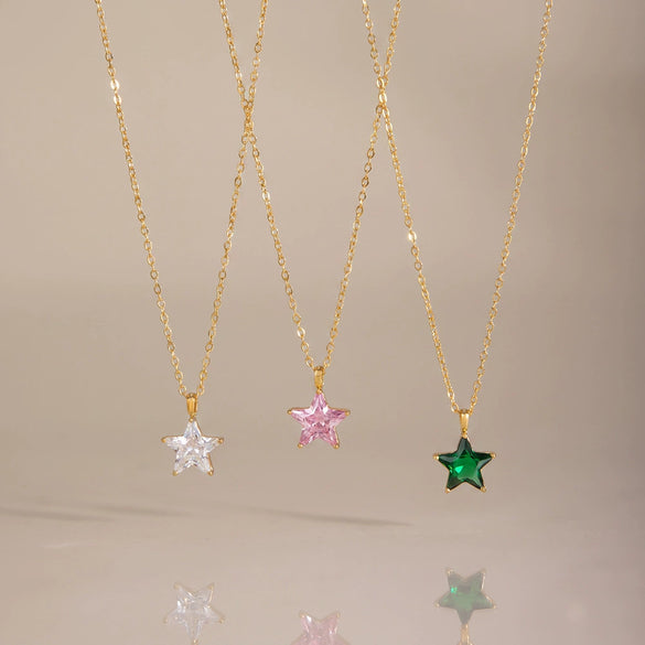 Women's Star Pendant Necklace Stainless Steel Geometric Collarbone Chain With Zirconia And Gold Tone Electroplated Finish