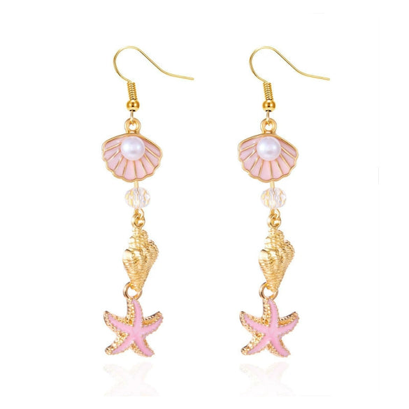 Women's Starfish Shell Tassel Earrings Bohemian Beach Style Alloy Drop Earrings With Stainless Steel Ear Hooks Electroplated Finish