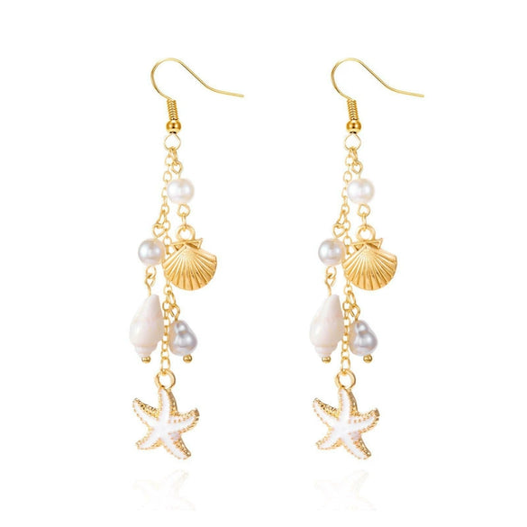 Women's Starfish Shell Tassel Earrings Bohemian Beach Style Alloy Drop Earrings With Stainless Steel Ear Hooks Electroplated Finish