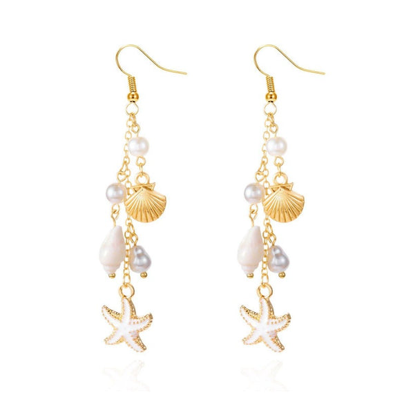 Women's Starfish Shell Tassel Earrings Bohemian Beach Style Alloy Drop Earrings With Stainless Steel Ear Hooks Electroplated Finish