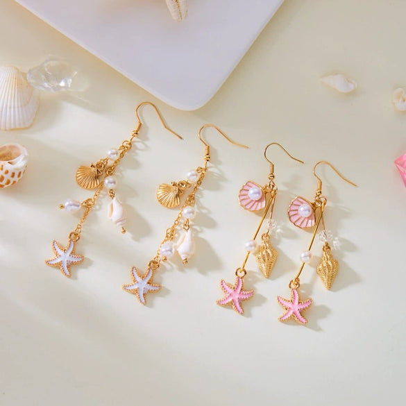 Women's Starfish Shell Tassel Earrings Bohemian Beach Style Alloy Drop Earrings With Stainless Steel Ear Hooks Electroplated Finish