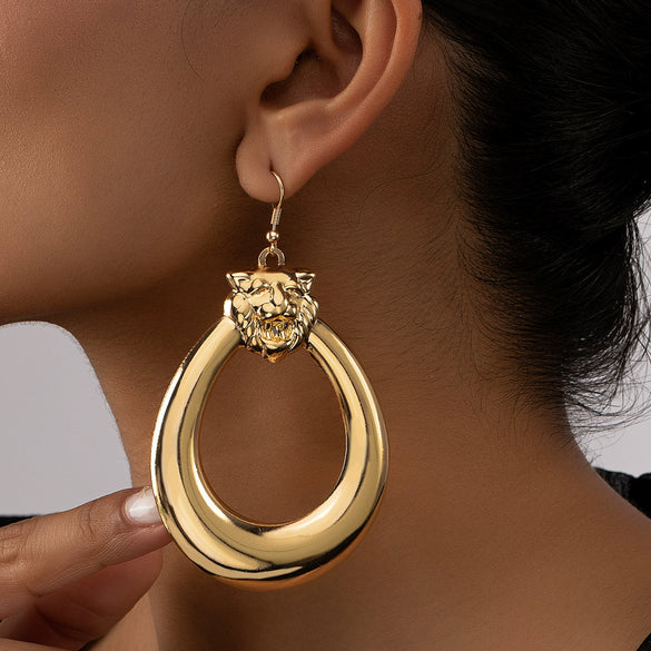 Women's Statement Lion Drop Earrings With Geometric Animal Design Long Metal Dangle Earrings For Wholesale