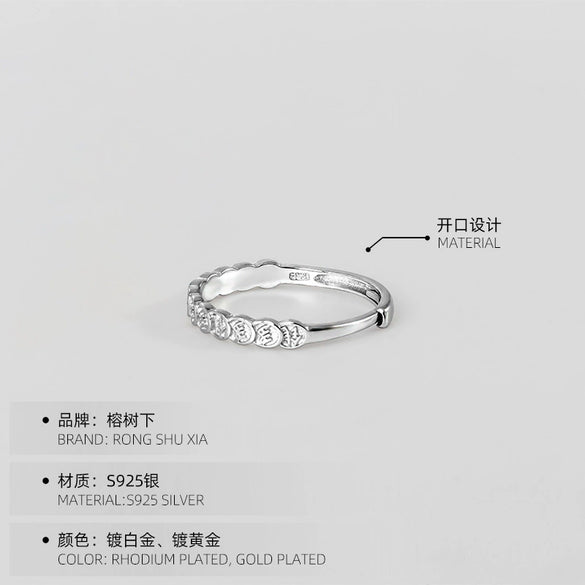 Women's Sterling Silver Adjustable Open Ring With Letter Text Geometric Design And Electroplated Finish