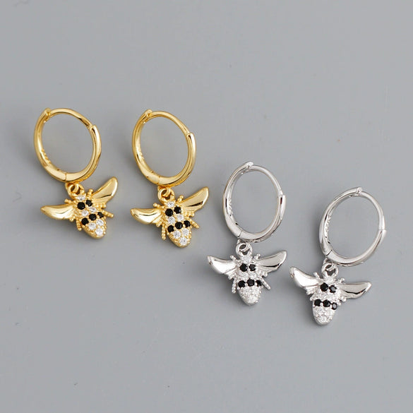 Women's 925 Sterling Silver Bee Shaped Earrings With Zirconia Inlay Animal Style Ear Buckle Jewelry Accessories