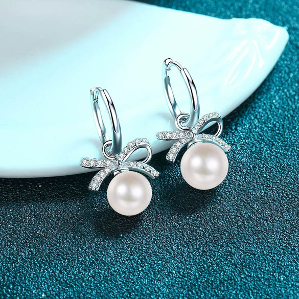 Women's 925 Sterling Silver Bow Earrings With Flawless Freshwater Pearl And Moissanite Electroplated Floral Style