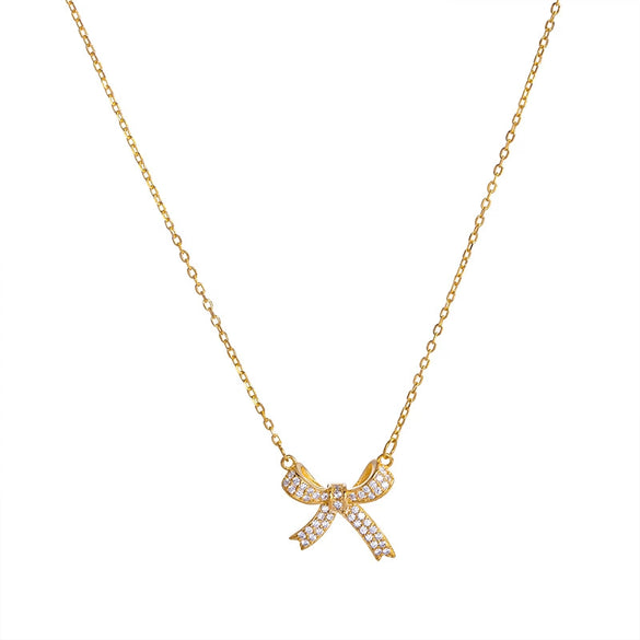 Women's Sterling Silver Bow Pendant Necklace With Electroplated Finish And Cross Chain Elegant Fashion Jewelry