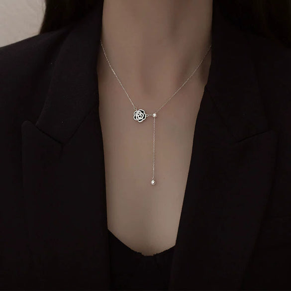 Women's Sterling Silver Camellia Flower Pendant Necklace With Cross Chain Adjustable Collarbone Length And Electroplated Floral Design