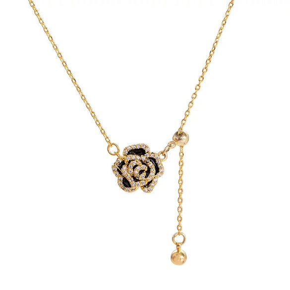 Women's Sterling Silver Camellia Flower Pendant Necklace With Cross Chain Adjustable Collarbone Length And Electroplated Floral Design
