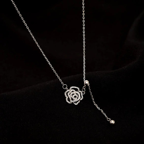 Women's Sterling Silver Camellia Flower Pendant Necklace With Cross Chain Adjustable Collarbone Length And Electroplated Floral Design