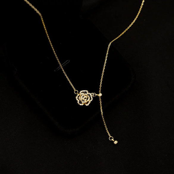 Women's Sterling Silver Camellia Flower Pendant Necklace With Cross Chain Adjustable Collarbone Length And Electroplated Floral Design
