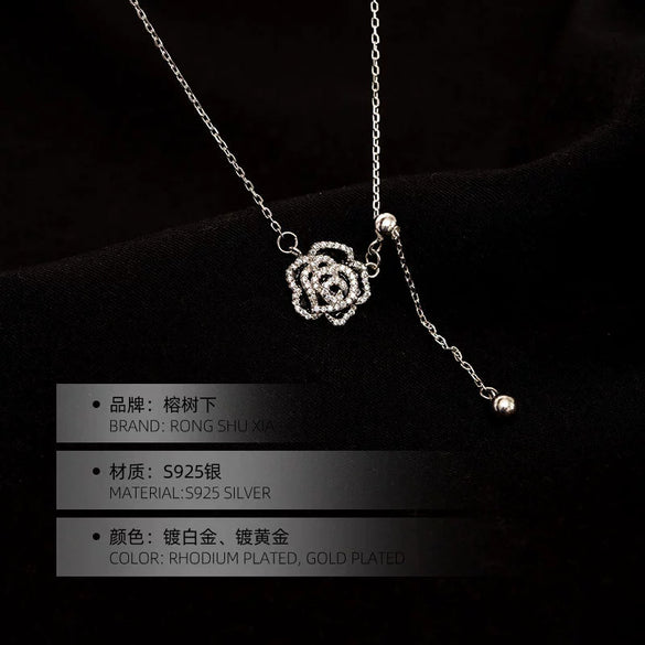 Women's Sterling Silver Camellia Flower Pendant Necklace With Cross Chain Adjustable Collarbone Length And Electroplated Floral Design
