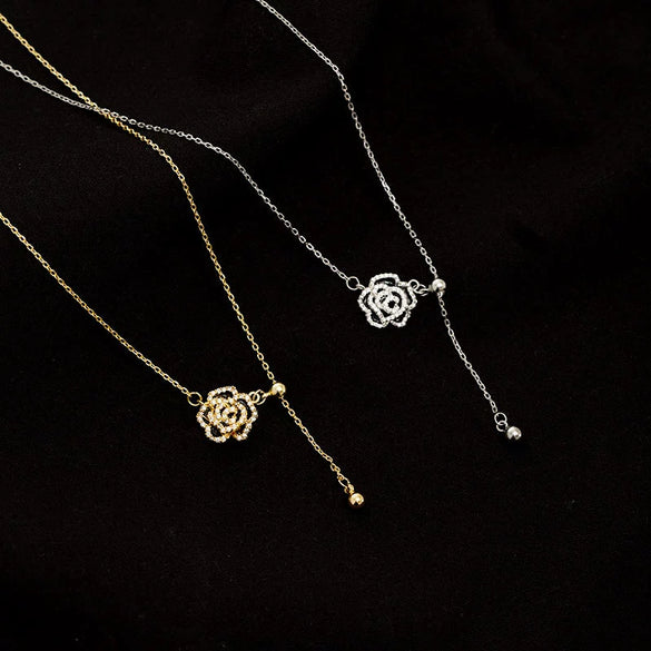 Women's Sterling Silver Camellia Flower Pendant Necklace With Cross Chain Adjustable Collarbone Length And Electroplated Floral Design