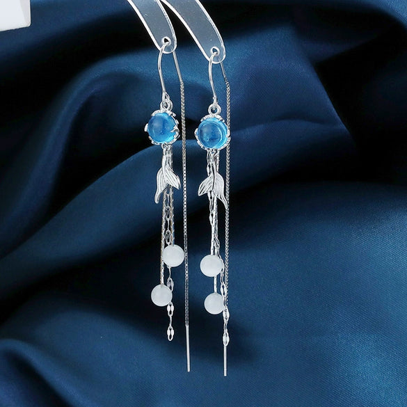 Women's Sterling Silver Cat's Eye Long Tassel Earrings Light Luxury Geometric Fishtail Ear Thread Earrings