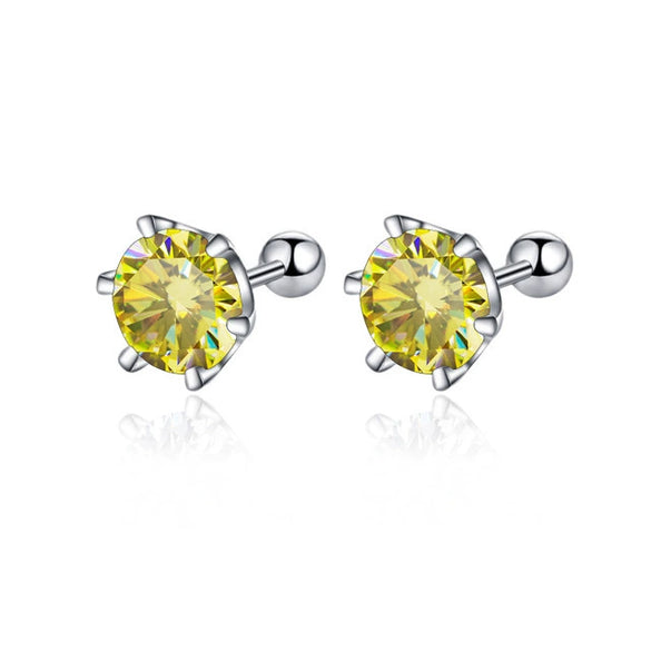 Women's 925 Sterling Silver Classic Round Moissanite Claw Screw Earrings Plated Pt950 Gold