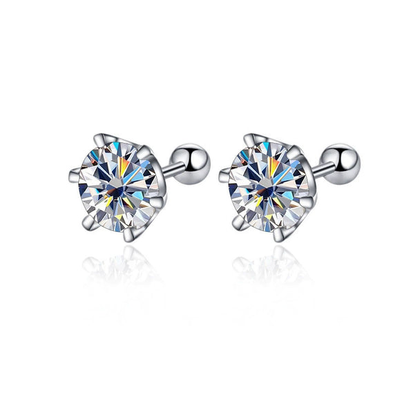 Women's 925 Sterling Silver Classic Round Moissanite Claw Screw Earrings Plated Pt950 Gold