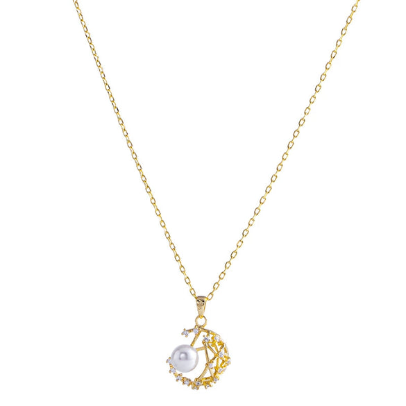 Women's Sterling Silver Crescent Moon Necklace With Synthetic Pearl And Zircon Hollow Pendant And Electroplated Cross Chain